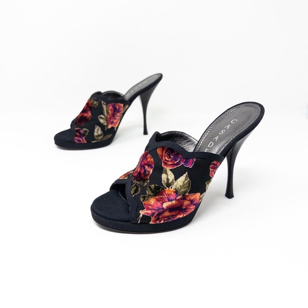 Casadei Vintage 90s Y2K Burnout Velvet Mule Heels (Sz 7) Rose Floral Stiletto